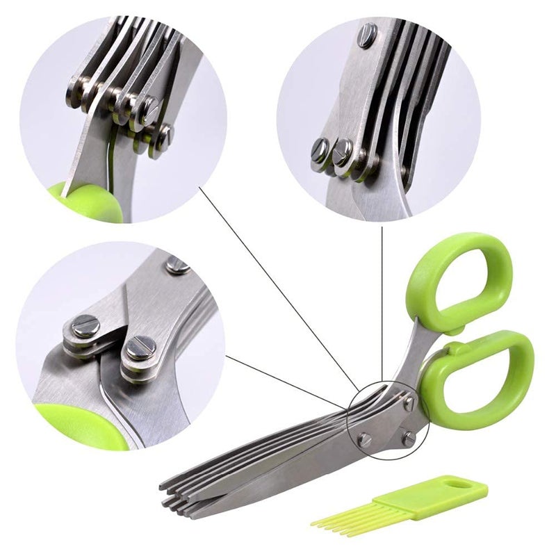 INVODA Herbal Scissors Stainless Steel 5 Blade Kitchen Scissors Mince Fresh Herbs & Leafy Greens Kitchen Gadgets Herb Cutter whit Cleaning Comb (Green) - Image 2